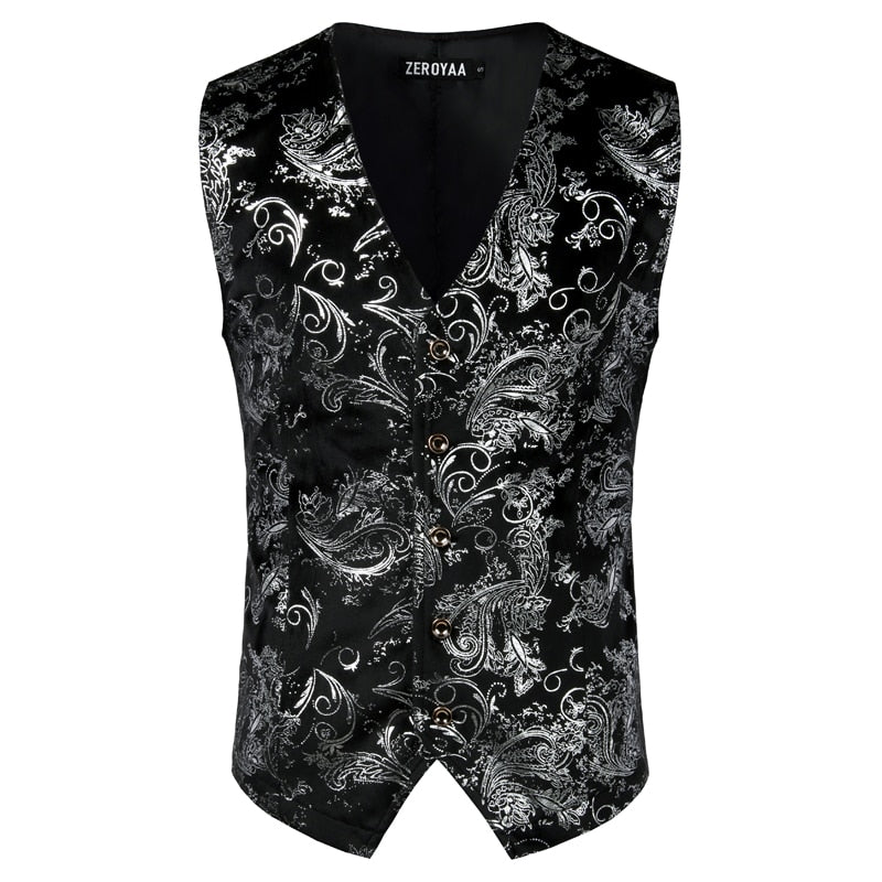 Chaleco Steampunk con estampado de cachemira metalizado dorado para hombre, de un solo pecho, con cuello en V, para boda, esmoquin, aristócrata, talla 2XL 