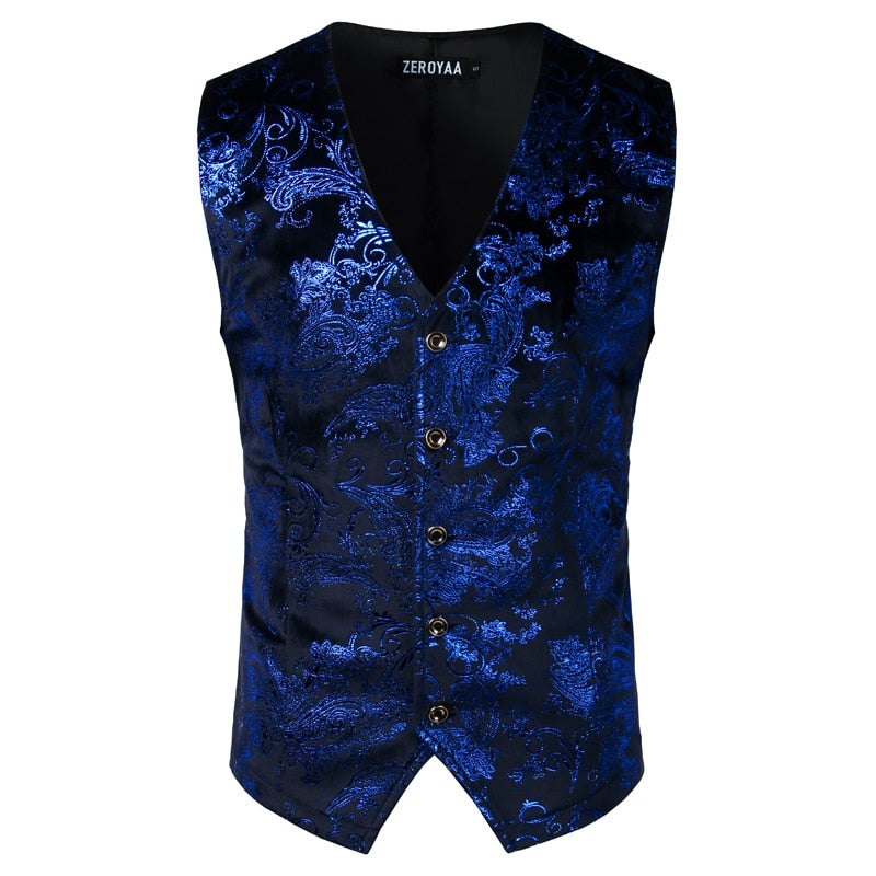 Chaleco Steampunk con estampado de cachemira metalizado dorado para hombre, de un solo pecho, con cuello en V, para boda, esmoquin, aristócrata, talla 2XL 