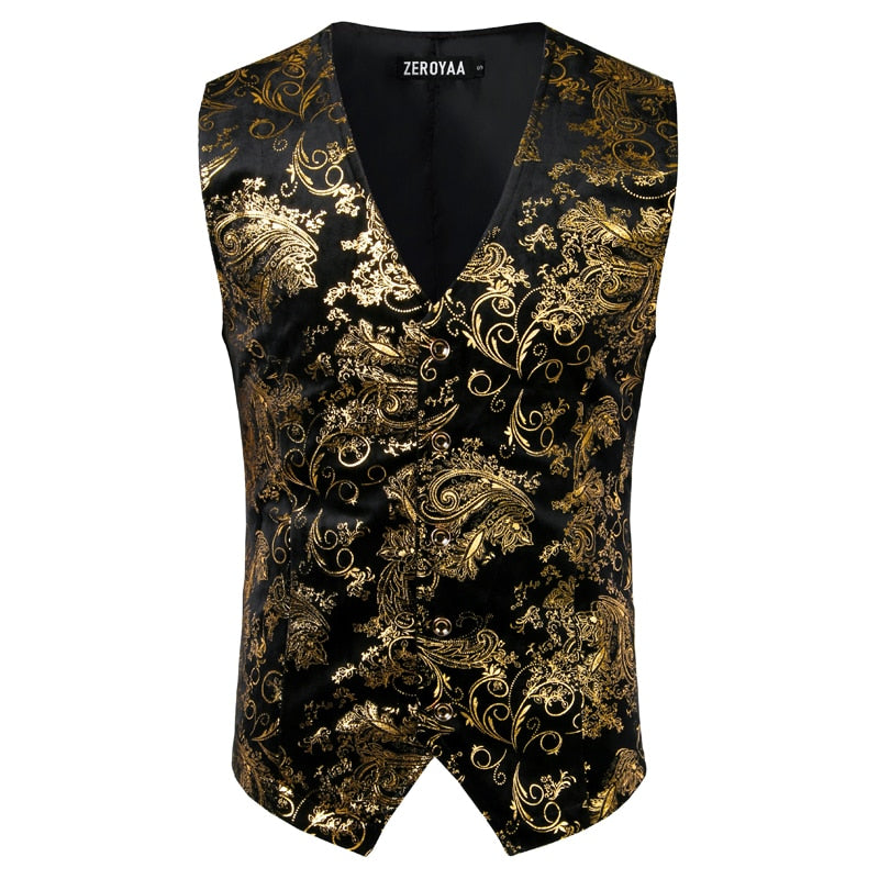 Chaleco Steampunk con estampado de cachemira metalizado dorado para hombre, de un solo pecho, con cuello en V, para boda, esmoquin, aristócrata, talla 2XL 
