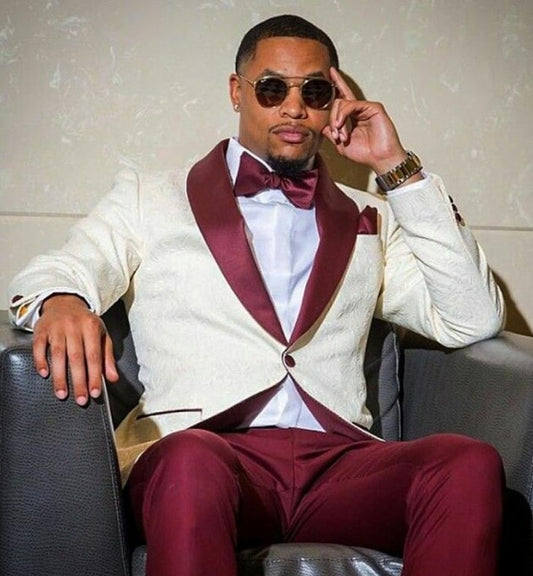 Men Suits Blazers Groomsmen Lvory Pattern and Burgundy Groom Tuxedos Shawl Lapel 2 Pieces for Wedding( Jacket+Pants+Tie)
