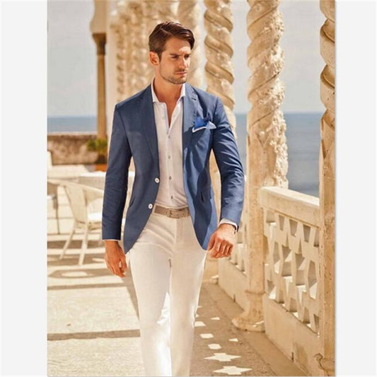 Men Suits Casual Custom Design Summer Beach Wedding Blue Blazer White Pants 2 Pieces (Jacket+Pants) Street Prom Best Man