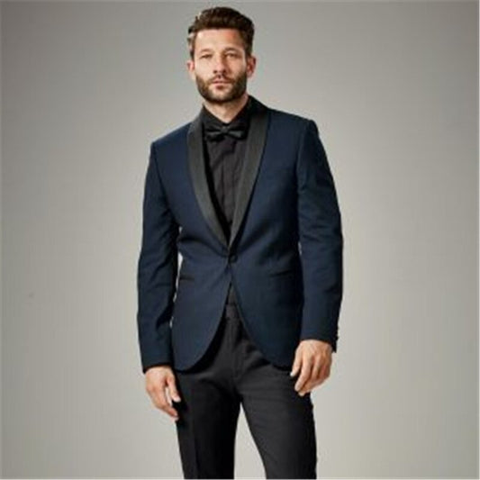 Navy Blue Blazer Black Trousers Shawl Lapel Men Suits Custom Made Tuxedo One Button Classic Formal Prom 2Pcs Jacket+Pants