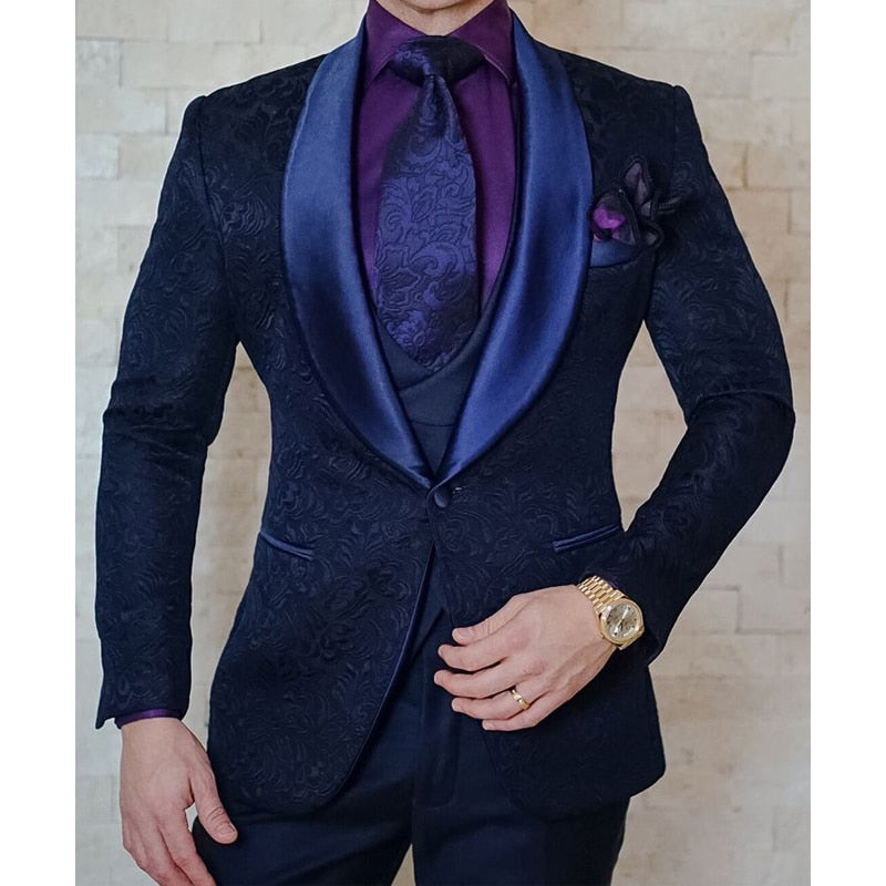 Navy Blue Floral Jacquard Men Suits Slim Fit with Shawl Lapel 3 Piece Custom Wedding Tuxedo for Groomsmen Costume