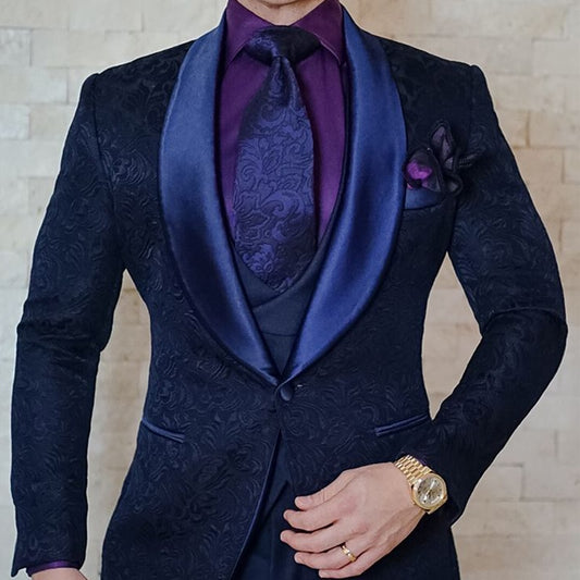 Navy Blue Floral Jacquard Men Suits Slim Fit with Shawl Lapel 3 Piece Custom Wedding Tuxedo for Groomsmen Costume