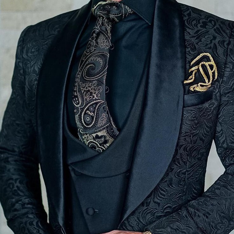 Navy Blue Floral Jacquard Men Suits Slim Fit with Shawl Lapel 3 Piece Custom Wedding Tuxedo for Groomsmen Costume