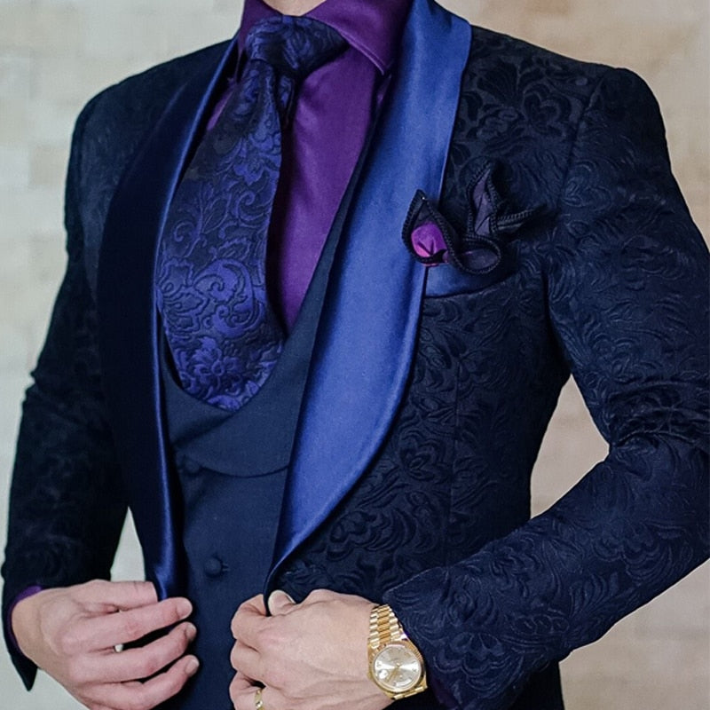 Navy Blue Floral Jacquard Men Suits Slim Fit with Shawl Lapel 3 Piece Custom Wedding Tuxedo for Groomsmen Costume