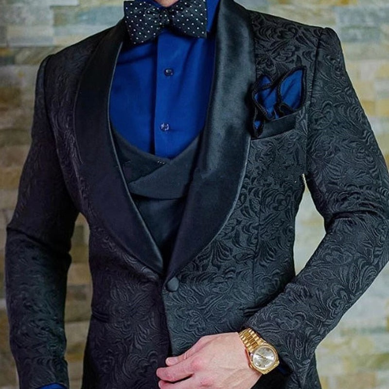 Navy Blue Floral Jacquard Men Suits Slim Fit with Shawl Lapel 3 Piece Custom Wedding Tuxedo for Groomsmen Costume