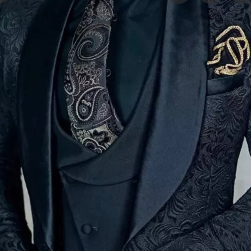 Navy Blue Floral Jacquard Men Suits Slim Fit with Shawl Lapel 3 Piece Custom Wedding Tuxedo for Groomsmen Costume