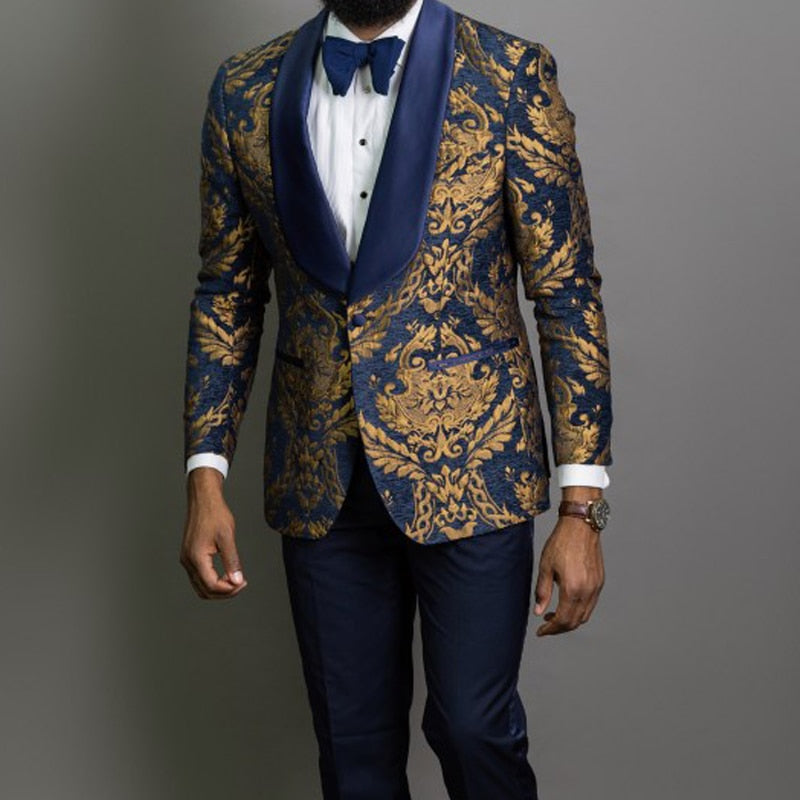 Navy Blue Floral Jacquard Prom Men Suits for Wedding 3 Piece Slim Fit Groom Tuxedo African Costume Jacket Pants