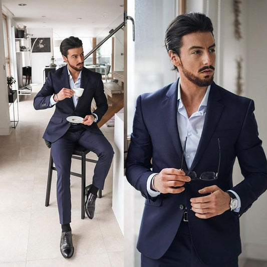 Trajes azul marino para hombre, esmoquin para novio, padrinos de boda, cenas, trajes de padrino, 2 piezas (chaqueta, pantalón y corbata) 