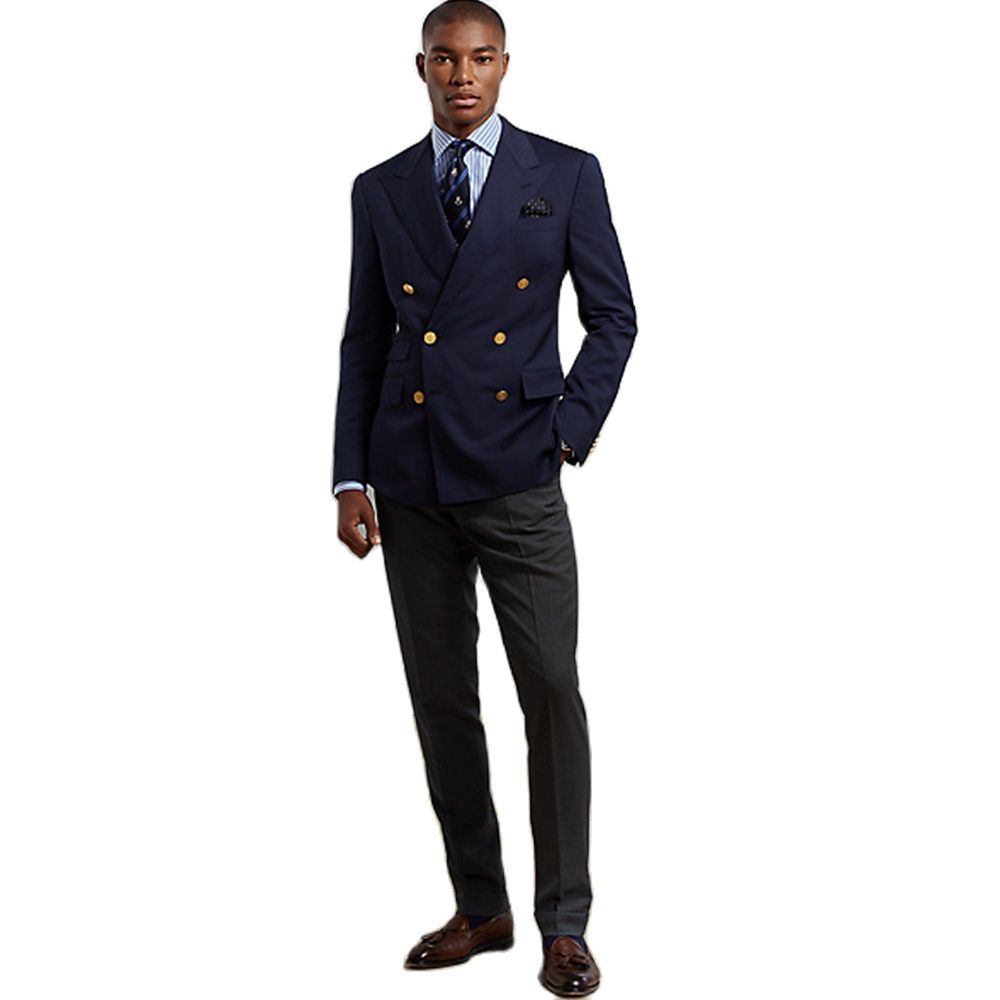 Navy Blue Peak Lapel Double Breasted Suits Men's Gold Buttons Costume Bridegroom Wedding Blazer 2 Pieces Slim Fit (Jacket+Pants)