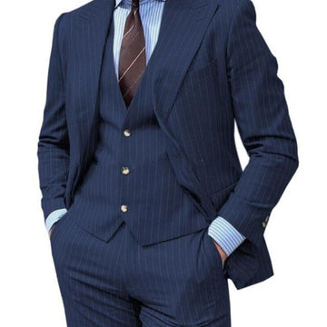 Navy Blue Stripe Costume Homme Wedding Groom Men Suits Slim Fit Suits Best Man Tuxedos Blazer 3 Pcs Jacket+Pant+Vests