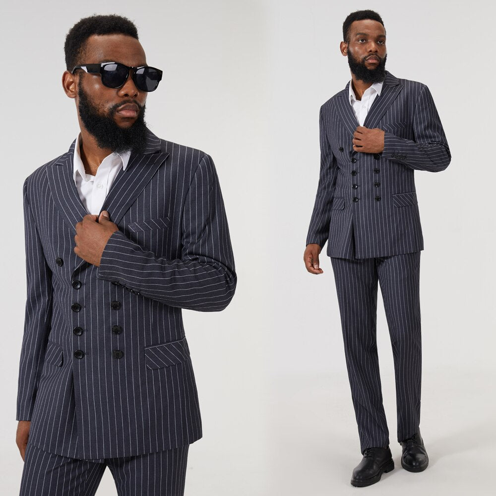 Navy Blue Stripe Wedding British Double Breasted Suit Men's Business Slim Suit Two-piece Suit Wine Red Black Coat And Pants
