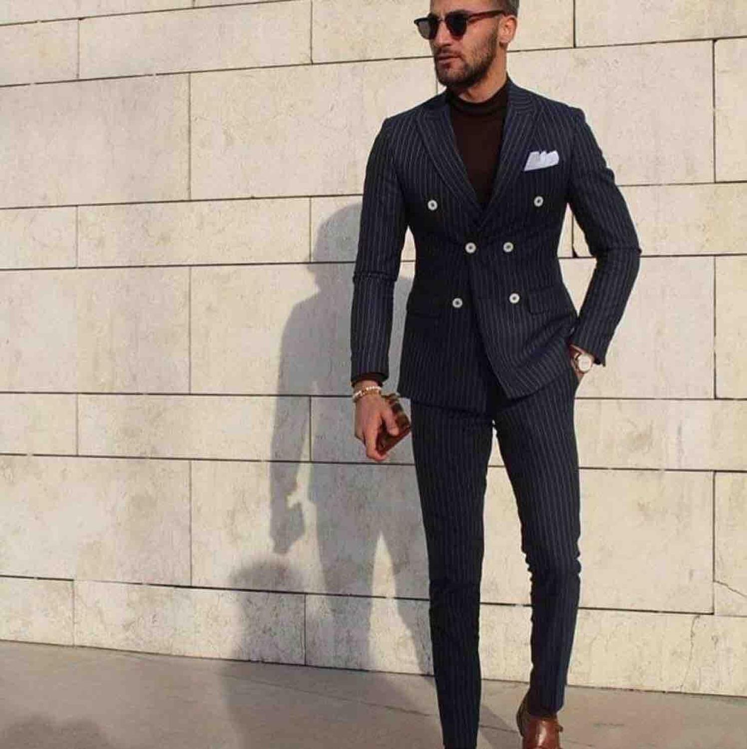 Navy Blue Striped Groom Tuxedos with Double Breasted Groomsmen Wedding Men Formal Suits Dinner Party Prom Blazer (Jacket+Pants)