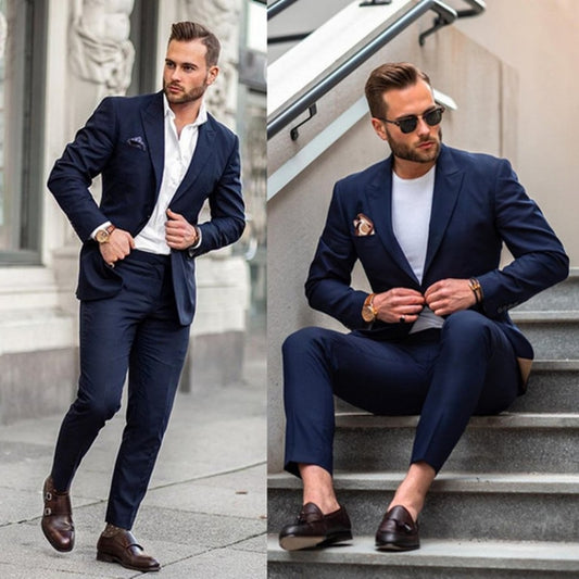 Navy Blue Wedding Suit Slim Fit Bridegroom Tuxedos Men Casual Groomsmen Suits Formal Business 2 Pieces (Jacket+Pants)