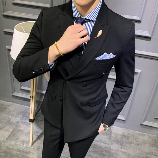 Black 2 Piece Suits Men Double Breasted Formal Wedding Suits Costume Homme Jacket Pants Slim Fit Tuxedo Suit