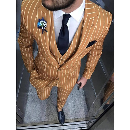 Brown Stripe Men Suits Custome Homme Wedding Groom Tuxedos Terno Prom Blazer 3 Pieces Jacket+Pant+Vest