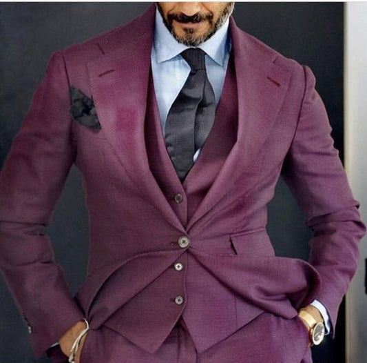 Costume Homme Grape Purple Men's 3 Pieces Wedding Suits Men Groom Suit One Button Jacket (Blazer+Pants+Vest+Tie)