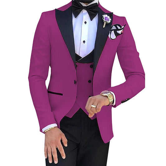 Custom Made Slim Fit Groom Peak Lapel 3 Pieces Suit Set (Jacket+Pant+Vest+Bow)