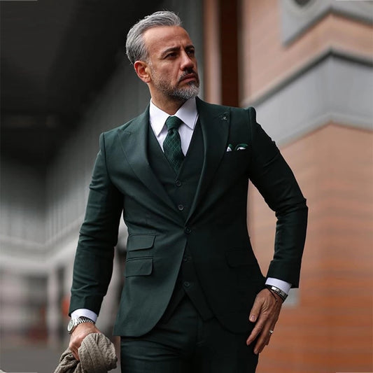 Dark Green Peak Lapel One Button Men Suits 3 Pcs Costum Homme Groom Wedding  Slim fit Blazer