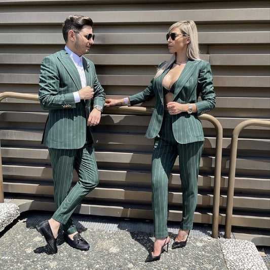 Dark Green Striped Suit Classic Suits Men Terno Groom Tuxedos Two Piece
