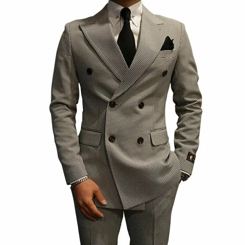 Traje de pata de gallo gris para hombre, chaqueta y pantalones para boda, trajes de fiesta ajustados para novio, 2 piezas, blazer y pantalones 