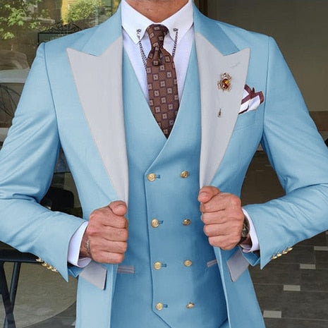 Light Blue Slim Fit Men Suits Grey Lapel Wedding Groom Tuxedos Terno Prom Slim Blazer Custom Made 3 Pcs