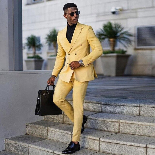 Light Yellow Costume Homme Men's Suits Wedding Tuxedos Party Groom Prom Slim Fit Terno Blazer 2 Pieces