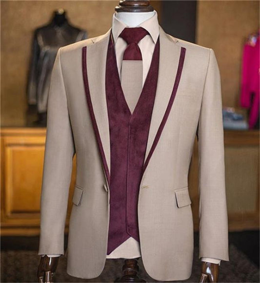 One Button Costume Homme Men Suits With White Pant Slim Fit Tuxedo Wedding Groom Terno Blazer 3 Pieces