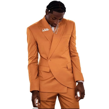 Orange Men Suits 2 Pieces Peak Lapel One Button Custom Made Tuexdos Party  Slim Fit Jacket Pant