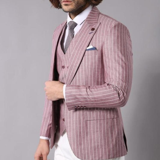 Stripe Pink Wedding Tuxedos Prom Men Suits Slim Fit Groom Wedding Terno Masculino Blazer 3 Pcs (Jacket +Pants+Vest )