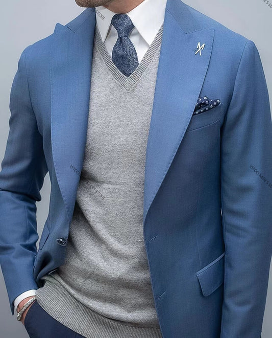 Blue Coat With Dark Blue Pant Men Suits With 2 Piece Slim Fit Groom Tuxedo For Wedding Costume Blazer Pants