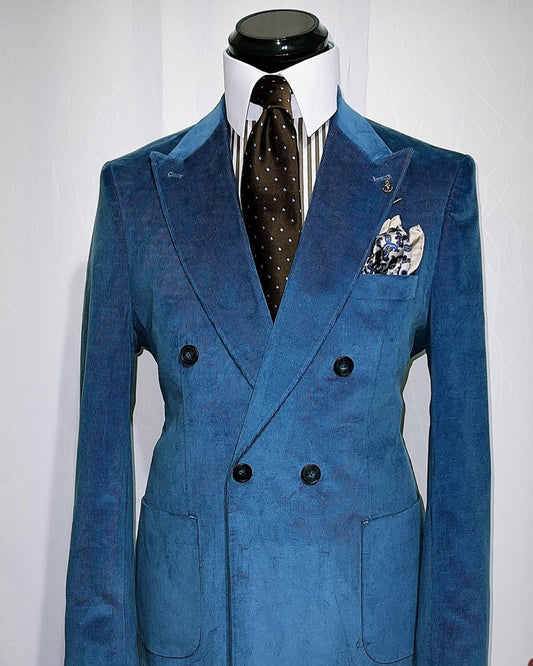 Nouveaux costumes pour hommes en velours côtelé sur mesure 2 pièces blazer pantalon un bouton revers en pointe bleu foncé affaires mariage marié sur mesure 