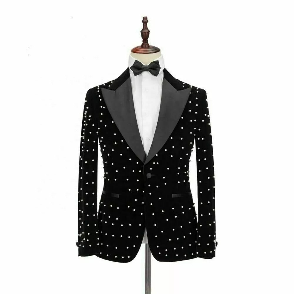 Crystal Beading Black Velvet Men Suits Costume Homme Groom Tuxedos Wedding Terno Masculino Slim Fit 1 Pieces Party Blazer