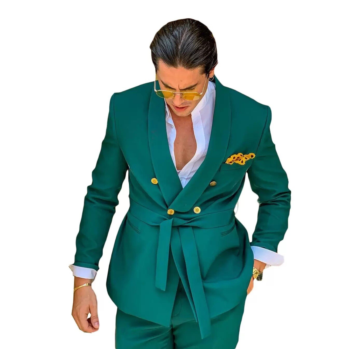 Green Suits Men 2 Piece Blazer Sets Casual Suit Double Breasted Belt Jacket+Pant