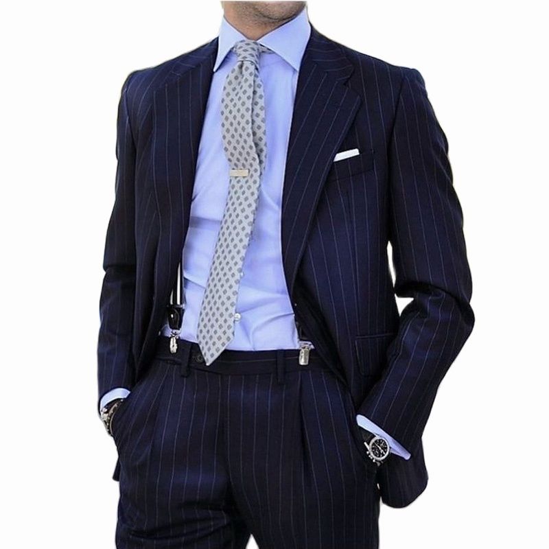 Pinstripe Suit Men 2 Pieces Navy Blue Slim Fit Business Blazer Formal Groom Wedding Tuxedos Trajes de Hombre
