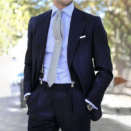 Traje de raya diplomática para hombre, 2 piezas, azul marino, corte entallado, blazer de negocios, esmoquin formal para novio y boda, trajes de hombre 