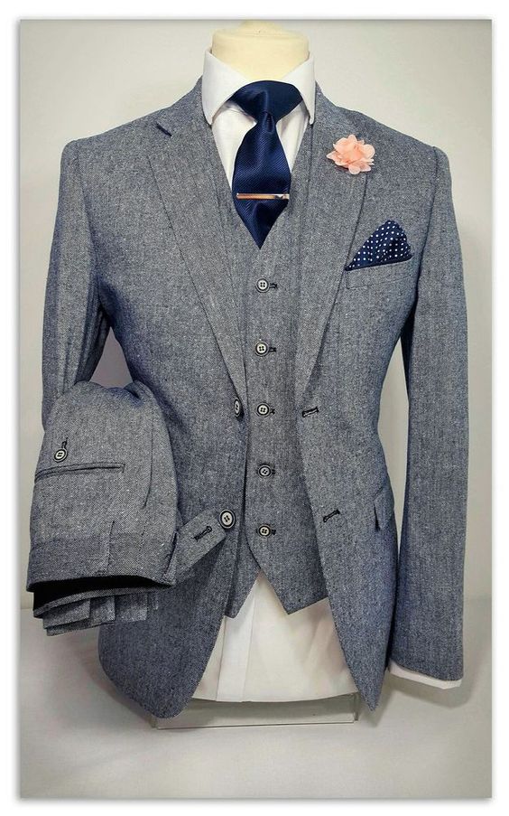 Grey Tweed Men Suit3 Pieces Smoking Groom Tuxedo Men Suits Custom Made Slim Fit Groomsmen ( Jacket+Pants+Vest)