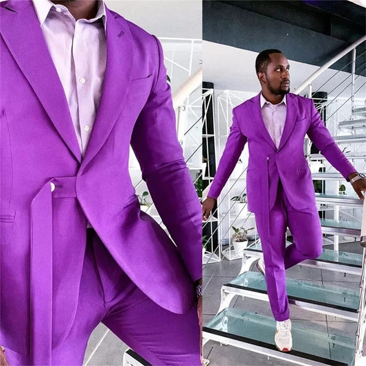 Slim Fit Purple Men Suits Party Casual Custom Made Cotton Formal Blazer Business Coat Pant