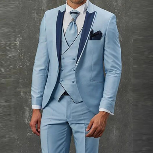 New Suit Men Slim Fit Sky Blue Tuxedo Men Wedding Suits Groom Men Dress Dinner Beach Party (Jacket+Pants+Vest)