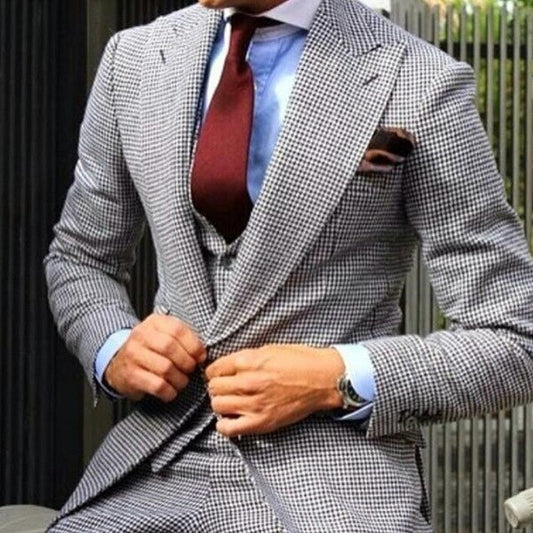 Costume de smoking pied-de-poule pour homme, 3 pièces (veste, pantalon, gilet, cravate), tenue de mariage décontractée pour homme 