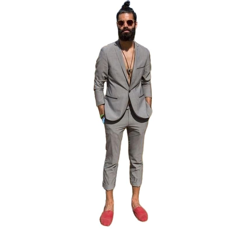 Gray Men Suits Slim Fit Casual Summer Wedding Groom Tuxedos 2 Pieces (Jacket+Pants) Bridegroom Best Man Blazer