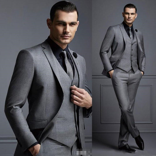 Grey Men Suit Groom Suit Formal Man Suits for Wedding Best Men Slim Fit Groom Tuxedos (Jacket+Vest+Pants)