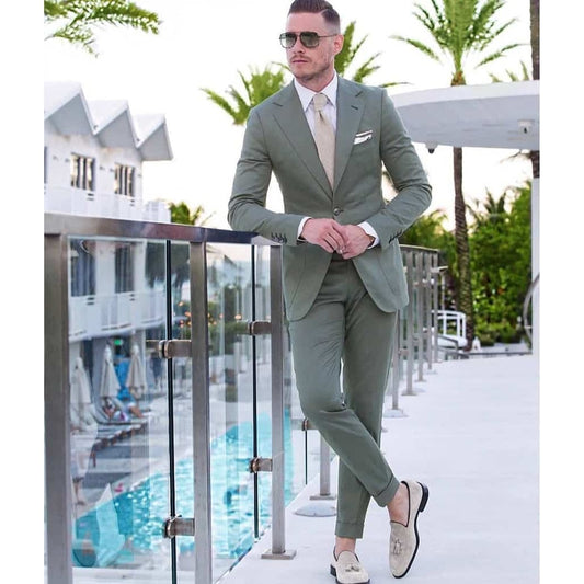 Solid Color Sage Green Men Suits for Wedding Groom Tuxedo Slim Fit 2pcs Prom Party Blazer Homme Business Jacket Pants