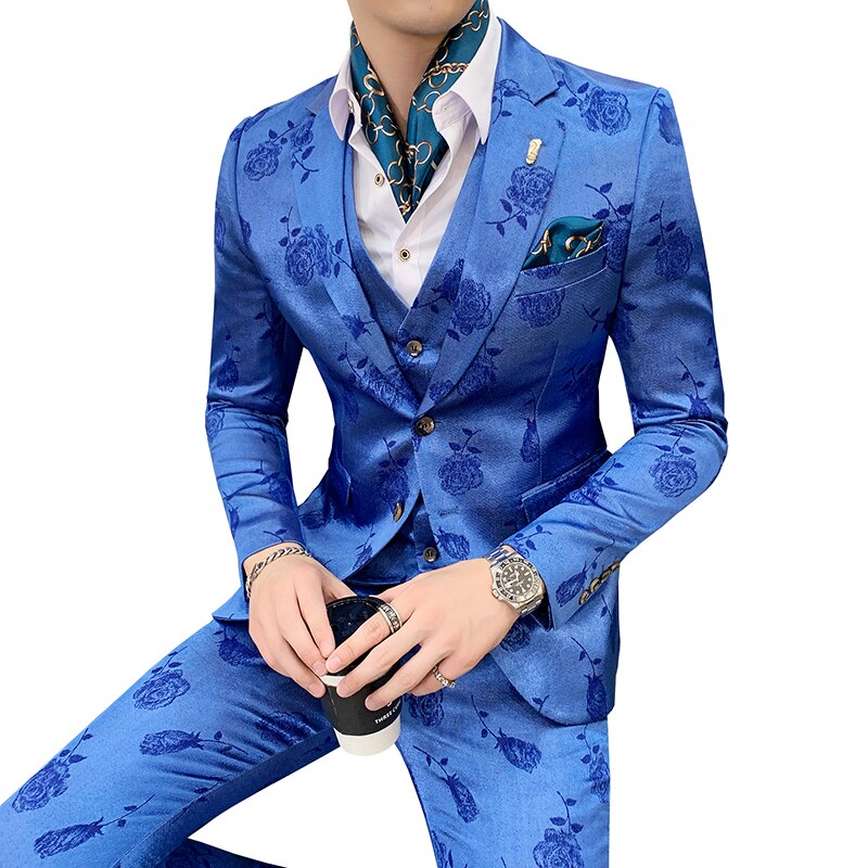 Men's Suits Men's Rose Print Design Suit 3-piece Suit (Coat + Pants + Vest) Men's Business Casual Suits