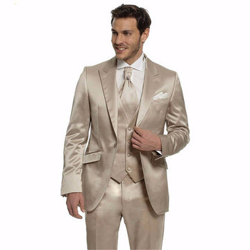 Notch Lapel One Button Satin Men Suits Groom Tuxedo Gold Wool  Business Dinner 3 Pcs (Jacket+Pants+Vest)