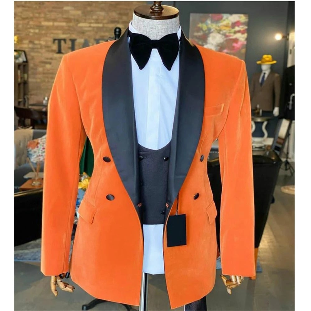 Costume orange pour homme, revers noir, smoking de mariage, coupe slim, blazer de bal, 3 pièces, veste, pantalon et gilet 