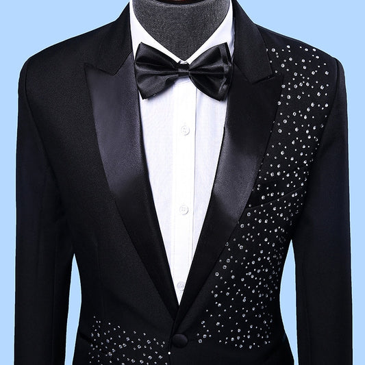 Slim Fit Singer Stage Host Performance Suit Men Wedding Groom Emcee Diamond Dress