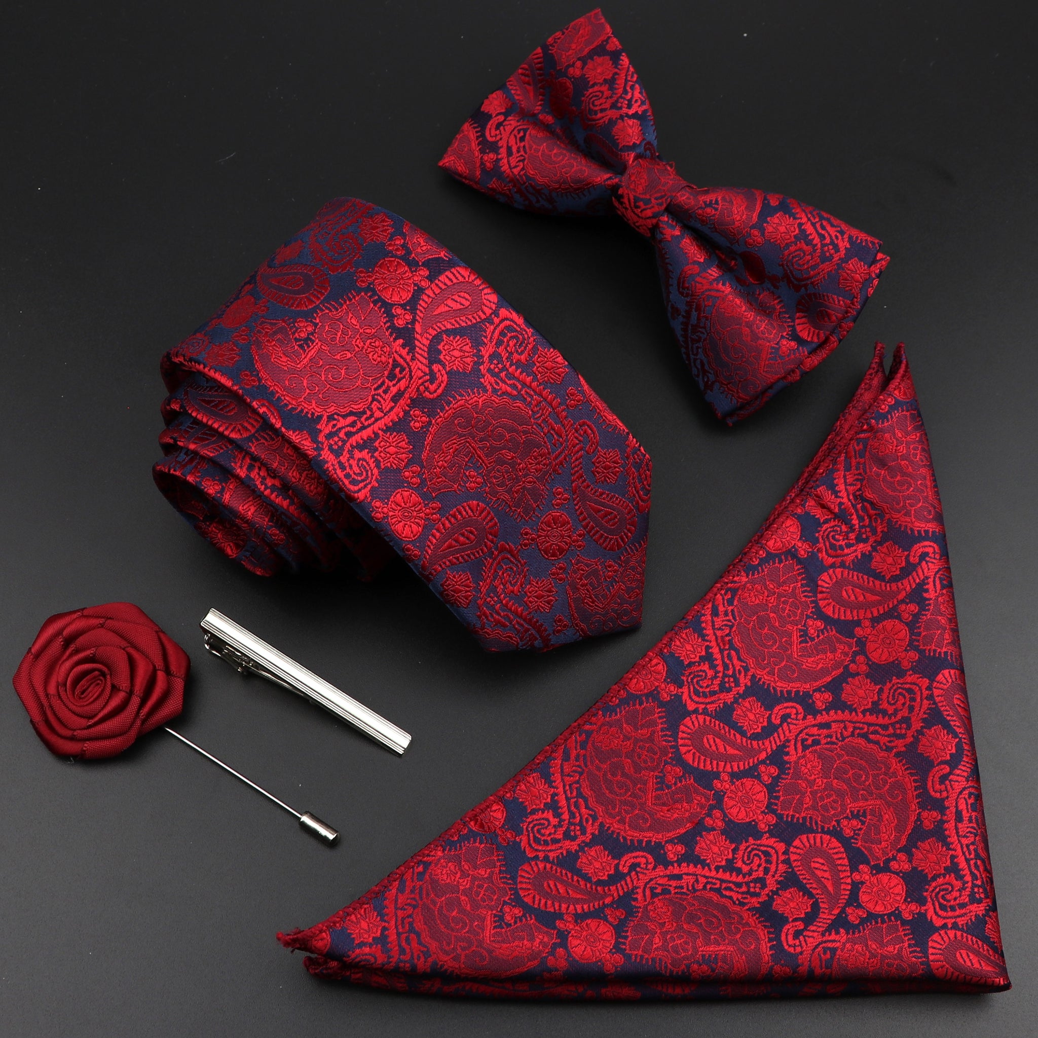 Solid Color Silk Men Tie Set Polyester Jacquard Woven Necktie Bowtie Suit Vintage Red Blue For Groom Business Wedding Party