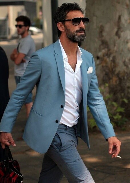 Men's Light Blue Casual 2-Piece Blazer Suit Set for Wedding (Jacket, Pants, Tie)